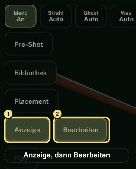 Markierter Menüpfad mit Anzeige als Schritt eins und Zahnrad als Schritt zwei.