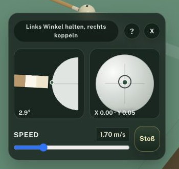 Effet-Panel mit Queue-Neigung, Treffpunkt auf der weißen Kugel, Speed-Slider und Stoß-Button.
