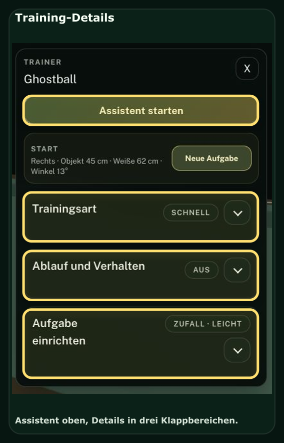 Ghostball-Trainingsmenü mit Assistent starten, Trainingsart, Ablauf und Verhalten sowie Aufgabe einrichten.