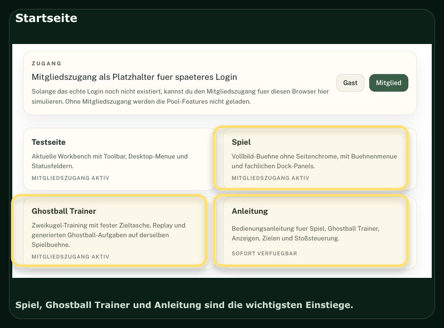 Startseite mit markierten Karten fuer Spiel, Ghostball Trainer und Anleitung.
